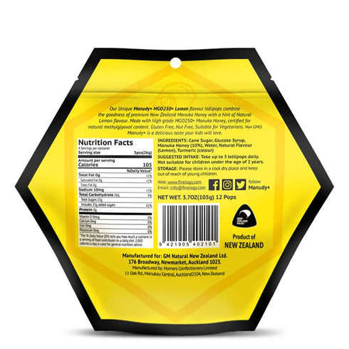 Manudy+ New Zealand Manuka Honey Sweets Lollipops MGO250+ Natural Fruits Flavor 12 Pops (Lemon)...