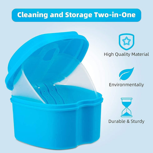 Denture Cup Dental Retainer Case Cleaning with Strainer Basket, Orthodontic Bath Box Mouthguard Storage Soaking Holder - Leak Proof and Lid Waterp...