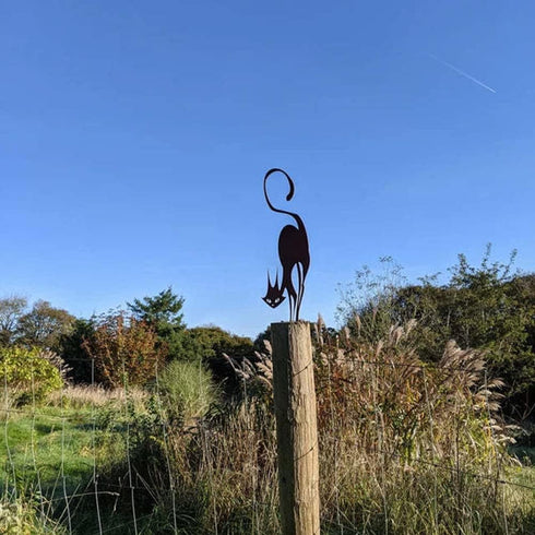 Metal Cat Fence Topper Decor, Rust Cat Iron Branch Art Craft Animal Metal Art Statue, Animal Metal Craft Cute Animal Statues for Outdoor Yard Gard...