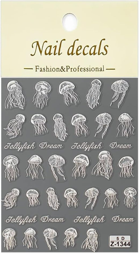 Summer Sea Nail Art Stickers 5D Self Adhesive White Jellyfish Nail Decals Spring Summer Nail Art Decorations Supplies Ocean Theme Nails Art Suppli...