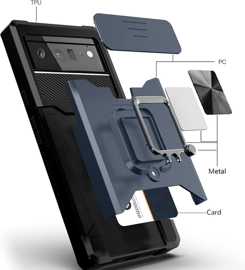 Compatible for Google Pixel 6 2021 Case with Camera Cover & Kickstand, Slide Lens Cover+Rotate Ring Stand+Card Holder, Impact-Resistant, Full Prot...