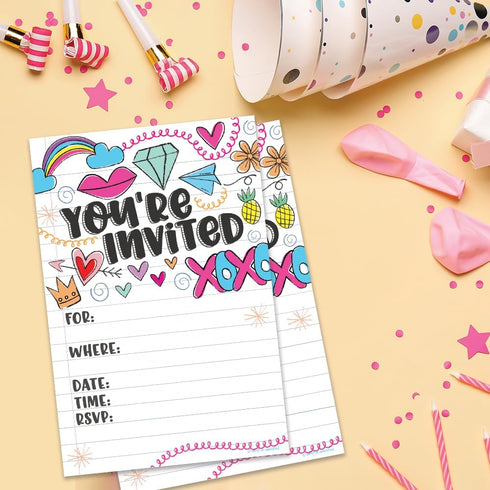 Fun Girl Doodles Invitations (20 Count) With Envelopes - Pre Teen - Tween Birthday Invitations...