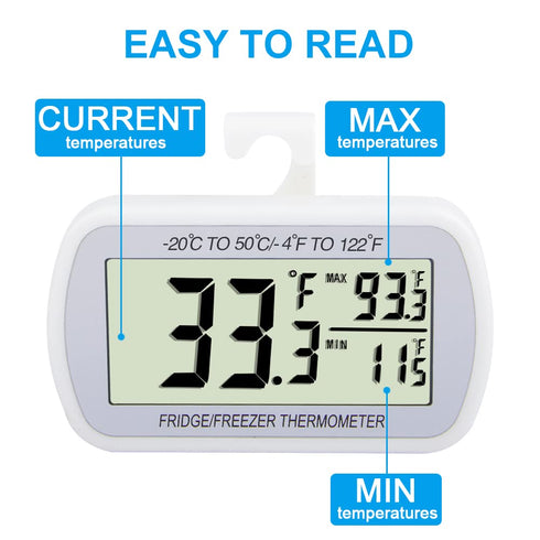 Waterproof Refrigerator Fridge Thermometer, Digital Freezer Room Thermometer, Max/Min Record Function Large LCD Screen and Magnetic Back for Kitch...
