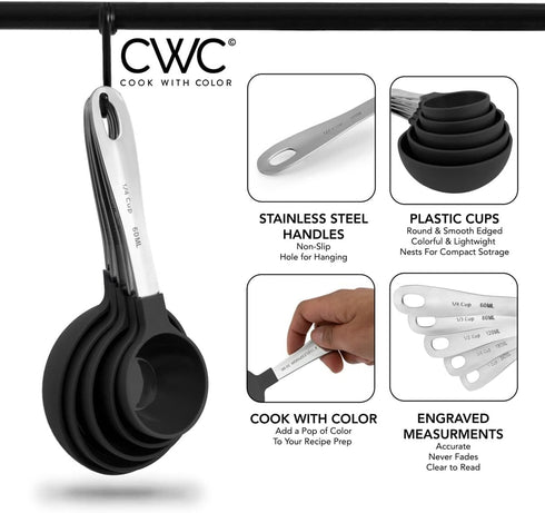 COOK WITH COLOR Measuring Cups Set and Measuring Spoon Set, Stainless Steel Handles, Nesting Kitchen Measuring Set, Liquid Measuring Cup Set, 12 P...