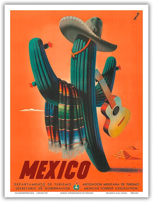 Mexico - Señor Cactus wearing a Sombrero Serape and Guitar - Mexican Department of Tourism - Vintage Travel Poster by Espert c.1945 - Master Art P...