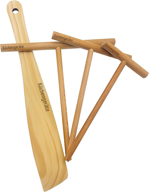 Kuchengerate Crepe Maker Set - 3.5" 5" 7" inc Spreader Stick & 12" inc Spatula Turner - T Shaped Structure - Handmade Natural Beech Wood - No Pain...