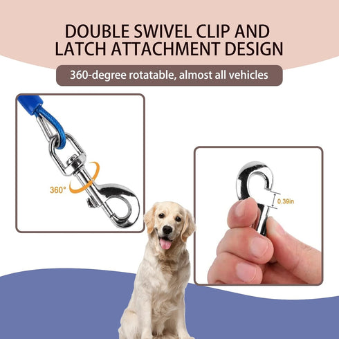 Dog Tether for Car Pet Dog Car Seat Belt Restraint Chew Proof Safety Tether Cable with Double Hook Stainless Steel Coated Pet Vehicle Leash and Ha...