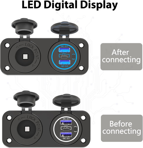 Cigarette Lighter Socket 12 Volt Plug,Qidoe Dual Quick Charger3.0 and PD 20W Waterproof 12 Volt USB Outlet with 150W 12V Cigarette Socket Panel fi...