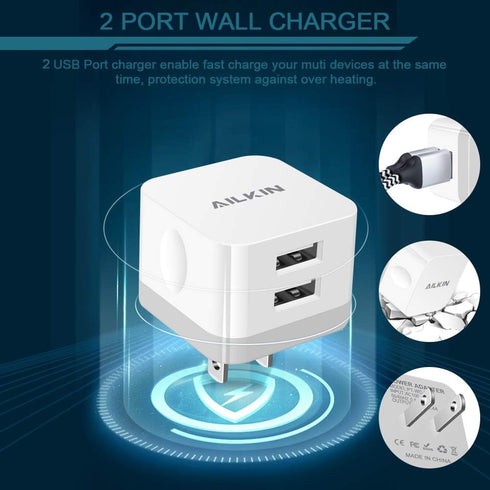 3Pack USB Wall Charger Plug, AILKIN 2.4A Dual Port USB Adapter Power Cube Fast Charging Station Box Base for iPhone 16e 16 15 14 13 12 Pro Max SE ...