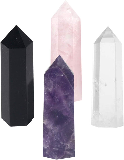 Healing Crystal Wands,2" Amethyst Crystal, Rose Quartz,Clear Quartz and Black Obsidian?6 Faceted Reiki Chakra Stones 4 pcs...