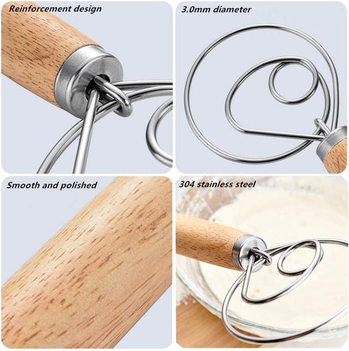 Danish Dough Whisk Sourdough Bread Dough Mixer 3 Pack Stainless Steel Dough Hook Dutch Whisk Hand Wooden Handle Kitchen Whisking Mixing Tool Bread...