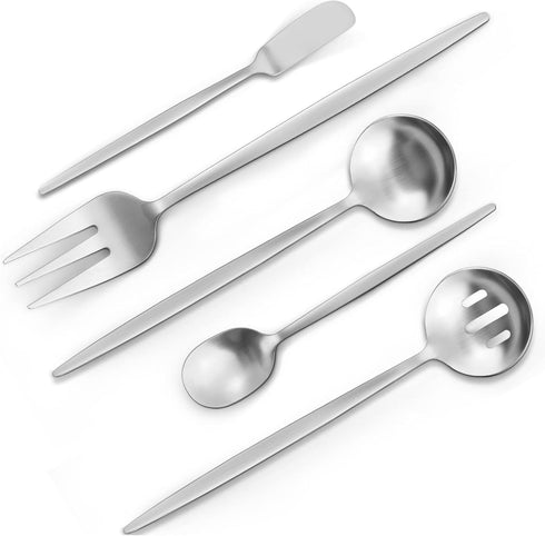 Matte Serving Silverware Set, 5-Piece Round Shared Utensils Set of Stainless Steel, Hostess Flatware Serving Set, Satin Finish, Dishwasher Safe...
