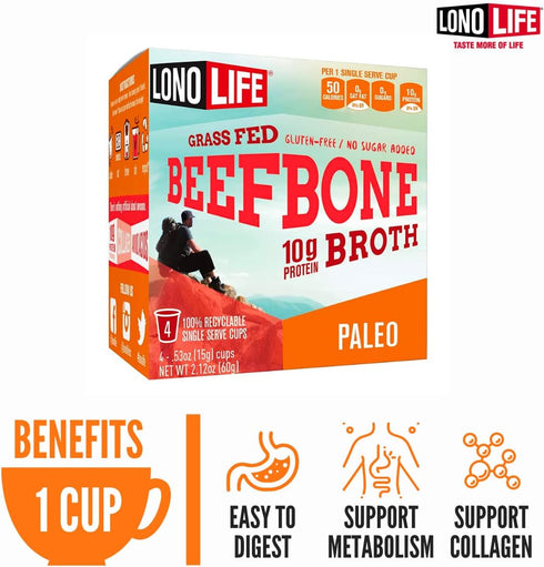 LonoLife Beef Bone Broth Powder Mix | Grass-Fed, 10g Protein | Collagen-Rich, Keto & Paleo Friendly | Natural Ingredients | 10 Single-Serve Cups...