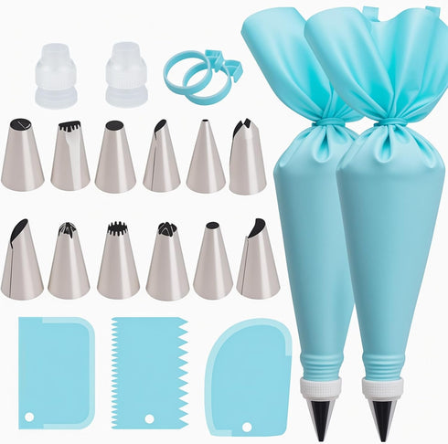 Piping Bags and Tips Set, Reusable Cake Decorating Supplies with 2 Reusable Bags, 12 Icing Tips, 2 Silicone Rings, 2 Couplers and 3 Scrapers, Cake...