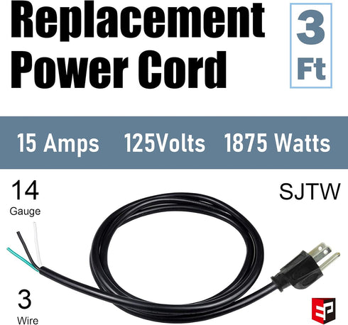 EP 2 Pack 3 ft 14/3C SJTW Appliance and Power Tool Cord, 14 Gauge 3 Prong Heavy Duty Replacement Power Supply Cord Cable, 110V 115V 120V AC Pigtai...