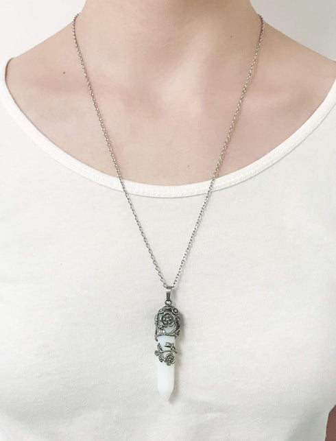 Top Plaza Antique Silver Flower Wrapped Synthetic Opalite Healing Crystal Necklace...
