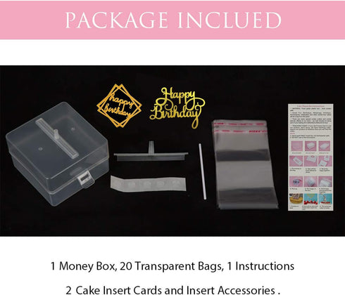 Money Pull Out Kit - Birthday Money Box with 1 Pcs Happy Birthday Cake Topper and 20 Transparent Bag Connected Pockets Cake Decoration...
