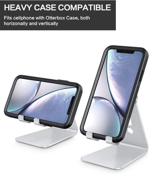 Adjustable Cell Phone Stand, OMOTON Aluminum Desktop Cellphone Stand with Anti-Slip Base and Convenient Charging Port, Fits All Smart Phones, Silv...