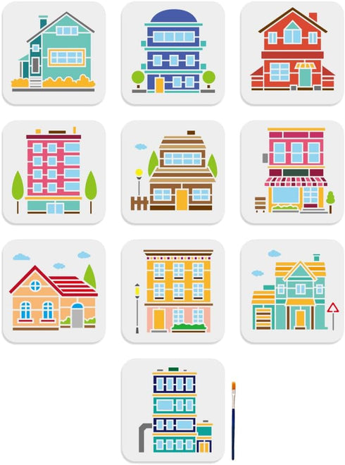 10pcs House Building Stencil 6×6inch Modern City Buildings Stencil with Paint brush Reusable Town Rural Architecture Drawing Template for DIY Craf...
