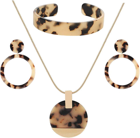 ARATLENCH Leopard Earrings Necklace Bracelet for Women Acrylic Circle Hoop Dangle Earring Long Disc Pendant Necklace Open Cuff Bangle Resin Cheeta...