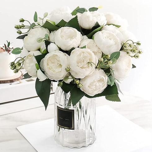 Artificial Peony Flowers Silk Peony Rose Real Touch Fake Flowers 3pcs Single Stem with 5 Heads Bouquet for Home Wedding Party Decoration (White)...