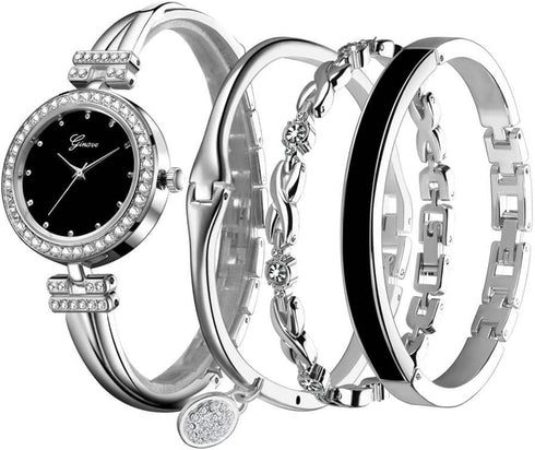 CdyBox Women Crystal Watch with 3 Bracelets Set Quartz Wrist Watches Bangle Jewelry 4pcs/Set for Ladies (Silver)...