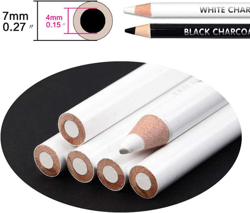 qianshan 2 Pcs Black White Color Charcoal Pencils, Professional Hight Quality Sketch Highlight Charcoal Wooden Pencils for Artist Drawing, Sketchi...