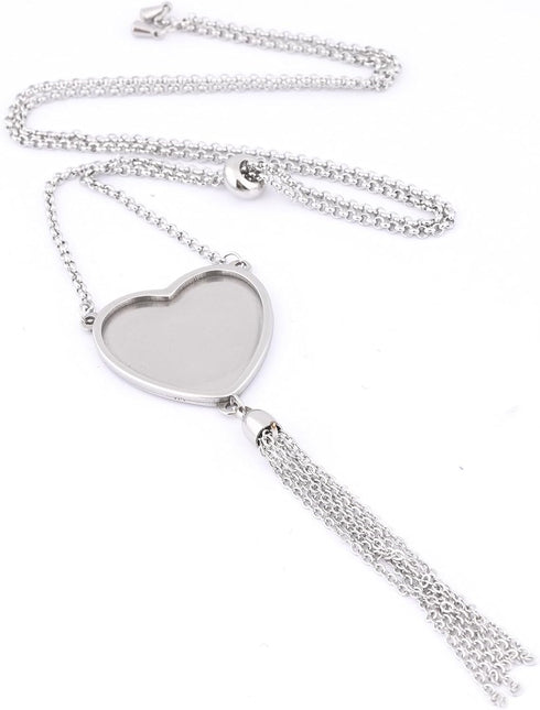 5pcs Tassel Chain Necklace Base Blanks Stainless Steel 25mm Heart Cabochon Pendant Bezel Setting Trays DIY Jewelry Making Supplies...