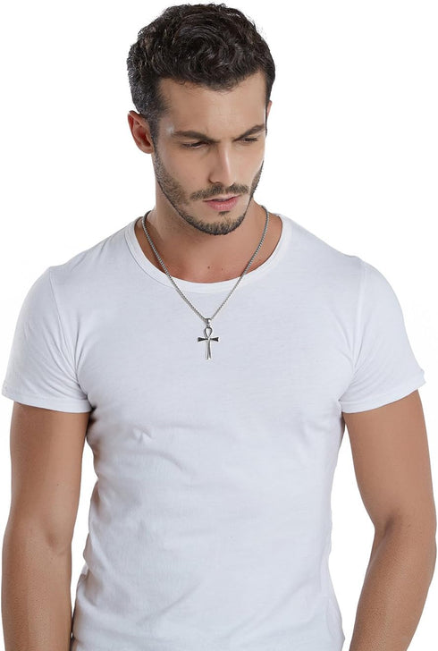 Stainless Steel Coptic Ankh Cross Religious Pendant Necklace for Men Women, 20-24 Inches Chain...