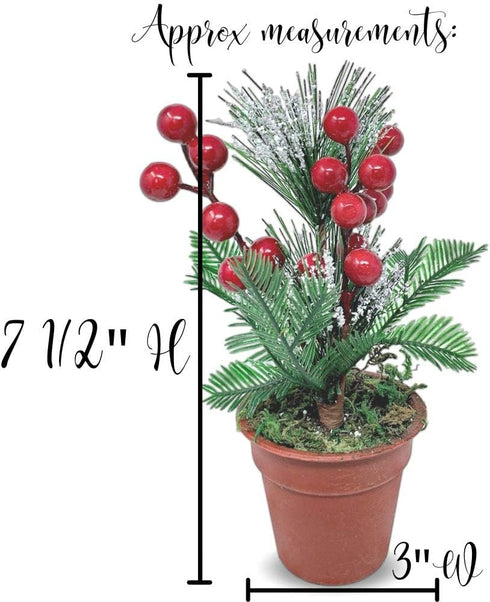 Christmas Tabletop Decorative Pots with Pine Red Berries Pine Cones Greenery - Set of 3 - Snow Flocked Xmas Holiday Decor - 7 1/2" Tall...