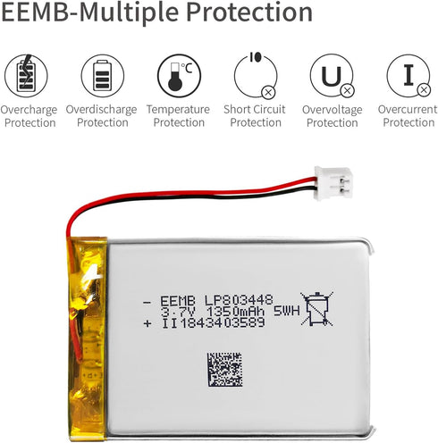 EEMB 3.7V Lipo Battery 1350mAh 803448 Lithium Polymer ion Battery Rechargeable Lithium ion Polymer Batteries with JST Connector-Confirm Polarity B...