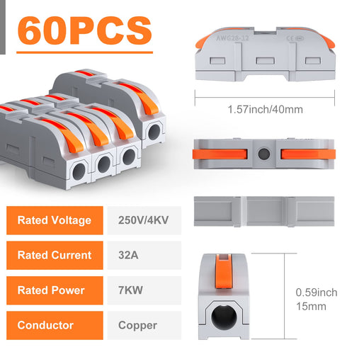 60pcs Lever Wire Connectors Push-in, 1 to 1 Inline Electrical Wire Connector, Lever Nuts Wire Connectors Quick Connect Splice Wire Connectors...