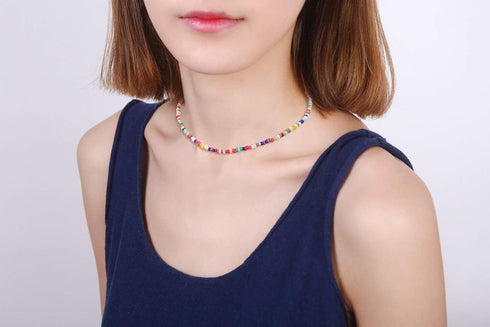 SCIONE Beaded Necklace 10 Pieces Tiny Seed Beaded Necklace Bohemian Hawaiian White Rainbow Adjustable Colorful Necklaces for Women Girls...