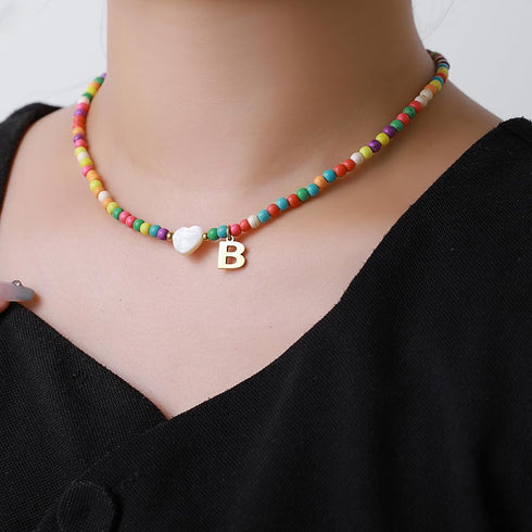 Gold Initial Necklace for Women - Handmade Bohemian Colorful Beaded Initial Stainless Steel 18K Plated Gold Choker Necklace with Heart Shells Lett...