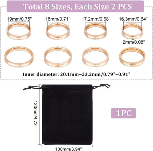 UNICRAFTALE 16Pcs 8 Sizes Titanium Steel Ring Blanks Rose Gold Grooved Finger Ring Settings Ring Core Blank for Resin Round Empty Rings Blanks for...