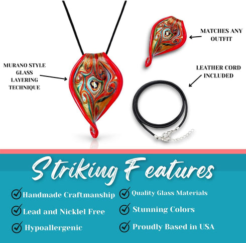 Handmade Murano Inspired Blown Abstract Glass Lampwork Art Pendant Necklace for Women Handcrafted Artisan Hypoallergenic Italian Style Jewelry...
