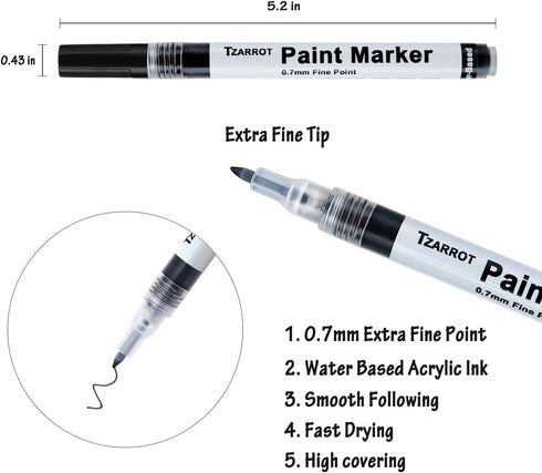 TZARROT White Paint Pen, 8 Pack 0.7mm Acrylic Paint Pens with 2 White 2 Black 2 Gold 2 Silver Permanent Marker for Wood Rock Fabric Metal Plastic ...