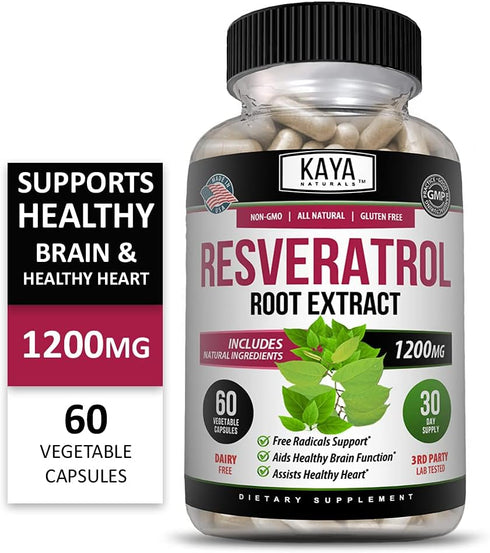 Kaya Naturals - Resveratrol Capsules - Anti Aging Supplement - Antioxidants with Brain Support - Maximum Benefits - 60 Veggies Capsules...