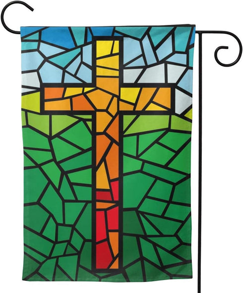 YISHOW Jesus Christ Cross Religious Stained Glass Style Garden Flag Double Sided Vertical Christian Lord Faith Cross Stained Glass Style House Fla...