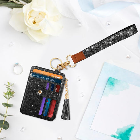 Slim Zipper Credit Card Holder with Keychain Wristlet Small RFID Glitter Leather Wallet with ID Window for Women,Black...