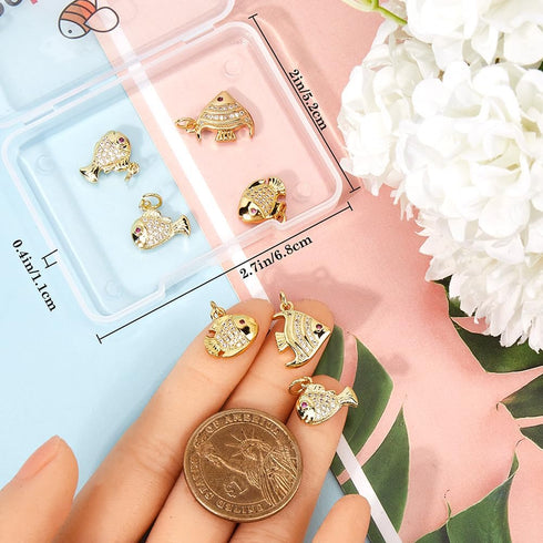 Beebeecraft 9Pcs 3 Styles Cubic Zirconia Fish Charms 18K Gold Plated Summer Sea Fish Pendant Charm with Storage Box for DIY Jewelry Crafts Necklac...