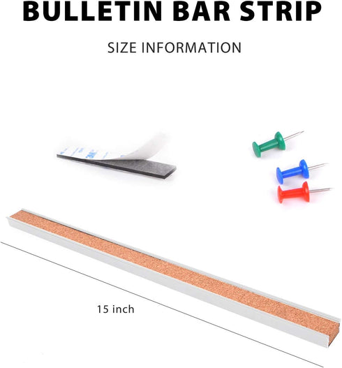 Bulletin Bar Strip, Cork Board Bar, 15" x 1", for Classroom, Office, Cubicle, Aluminum Frame (Silver),2 PACK...