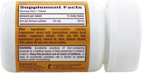 Rugby - Ferrous Sulfate 325 mg. - 100 Tablets...