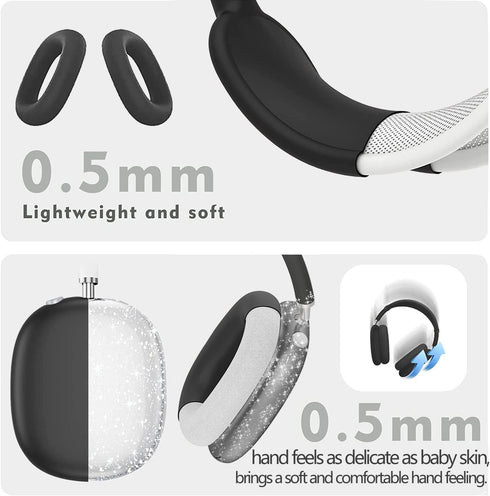 Silicone Airpods Max Case Cover, Apple Airpods Max Accessories, Transparent Sparkle Case Cover Black Set for Apple Airpods Max, Headphones Case, E...