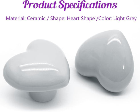 2pcs Ceramic Cabinet Knobs Light Grey Drawer Knobs, Heart Shaped Dresser Knobs Cute Kitchen Cabinet Pull Handles, Small Vanity Knobs Hardware Clos...