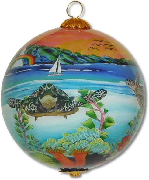 Collectible Hawaiian Glass Ornament Hand Painted Sea Turtles in The sunsetwith Gift Box Hand Painted Sea Turtles in The Sunset...