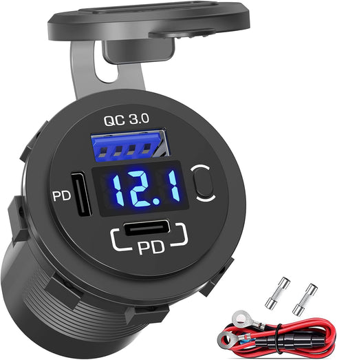 12V USB Outlet Qidoe USB C Car Charger Socket Dual PD 30W and 18W QC3.0 Port USB Car Socket with Voltmeter Button Switch Lengthened Waterproof USB...