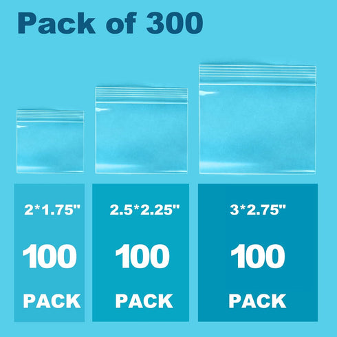 300 Packs Small Pill Bags, 6 mil Sturdy 3 Assorted Sizes 2x1.85'', 2.5x2.25'', 3x2.75'' Plastic Bags, Reusable Bags Clear Zip Bags, Pill Pouch Bag...
