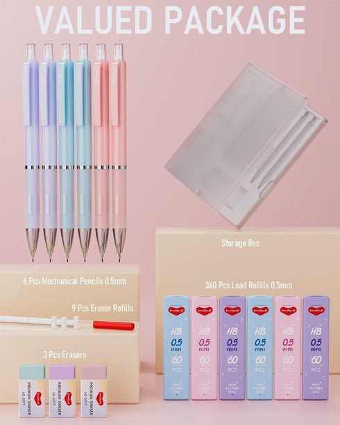 6PCS 0.5mm Mechanical Pencils Set Pastel Mechanical Pencils with 360PCS HB Lead Refills, 3 Erasers, 9 Erasers Refill Aesthetic School Supplies for...