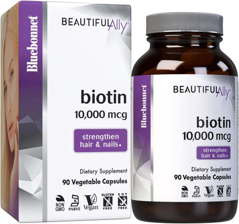 Bluebonnet Nutrition Beautiful Ally Biotin 10,000 mcg, Strengthen Hair & Nails*, Non-GMO, Vegan, Kosher Certified, Gluten-Free, Soy-Free, 90 Veget...